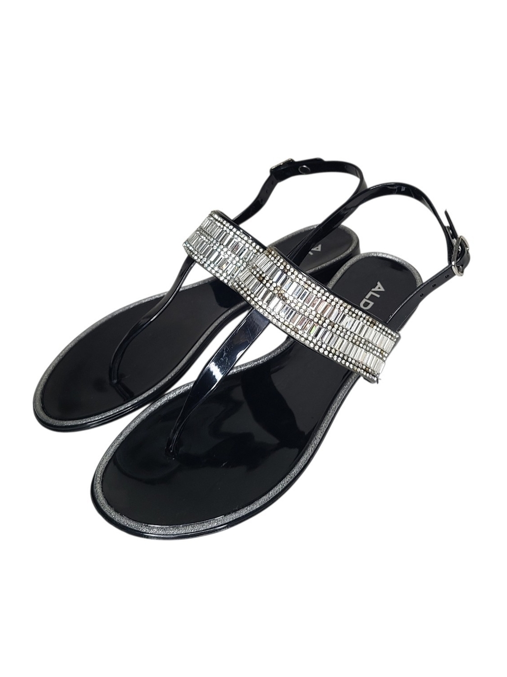 Aldo Black Patent T-Strap Jelly Sandals with Jeweled Trim